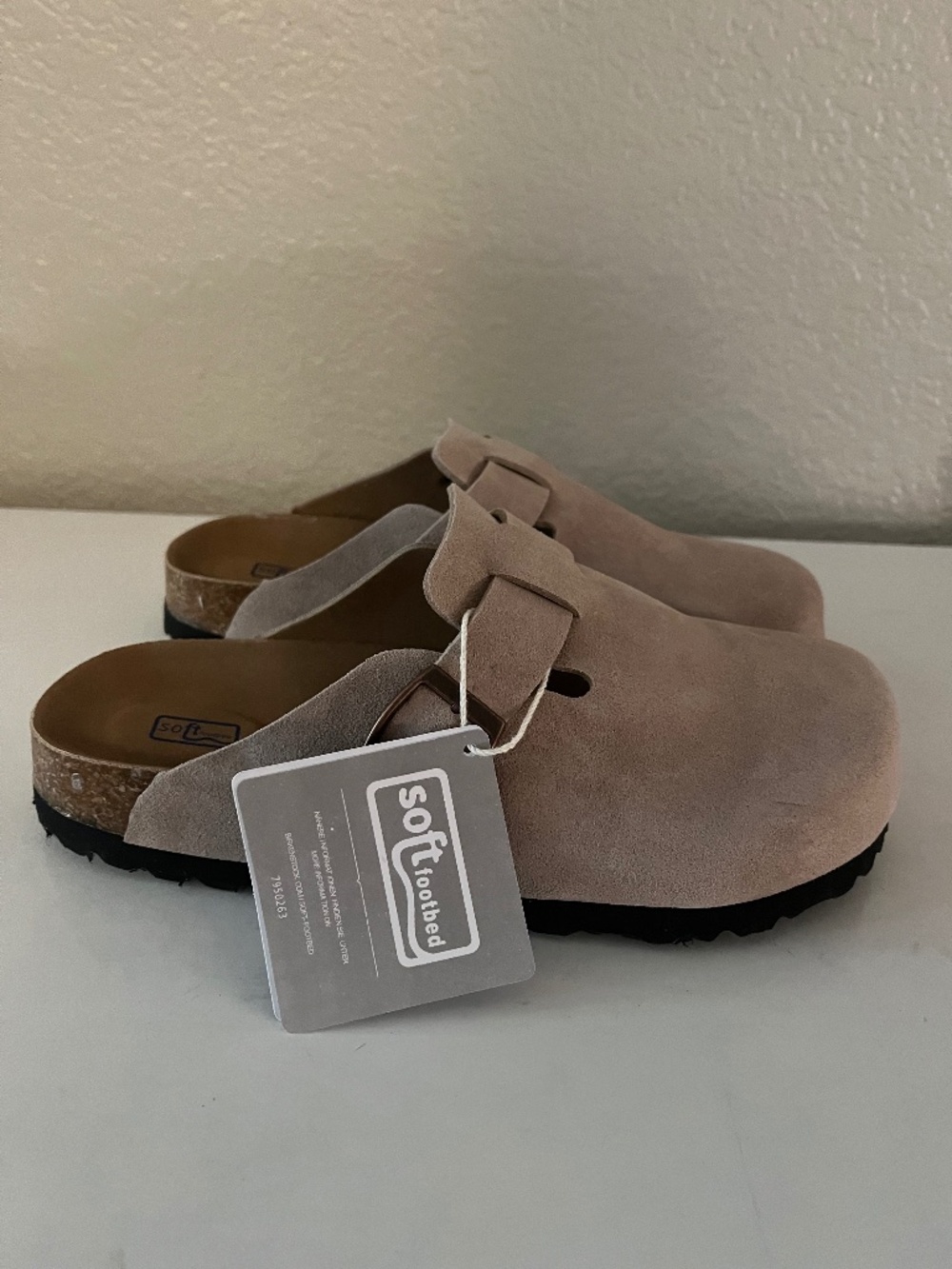 Birkenstock Soft Footbed Suede Clogs in Light Taupe